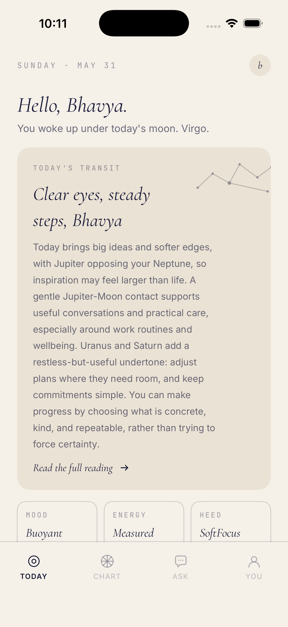 Celest Today screen showing a daily reading